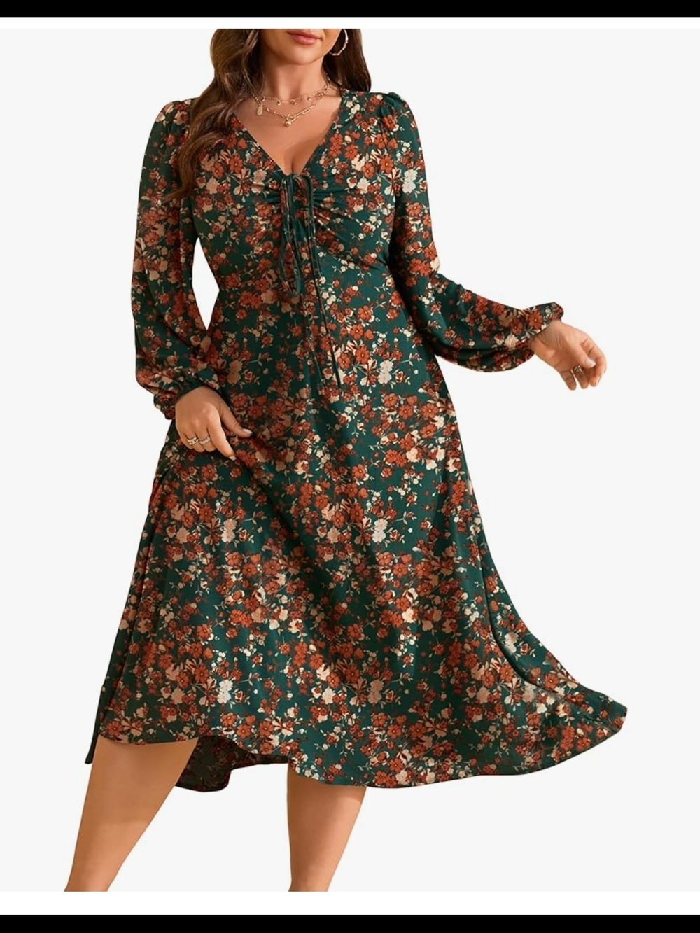 RWJ - XL Floral V-Neck Long Sleeve Midi Dress - Green Floral - Picture 8 of 11
